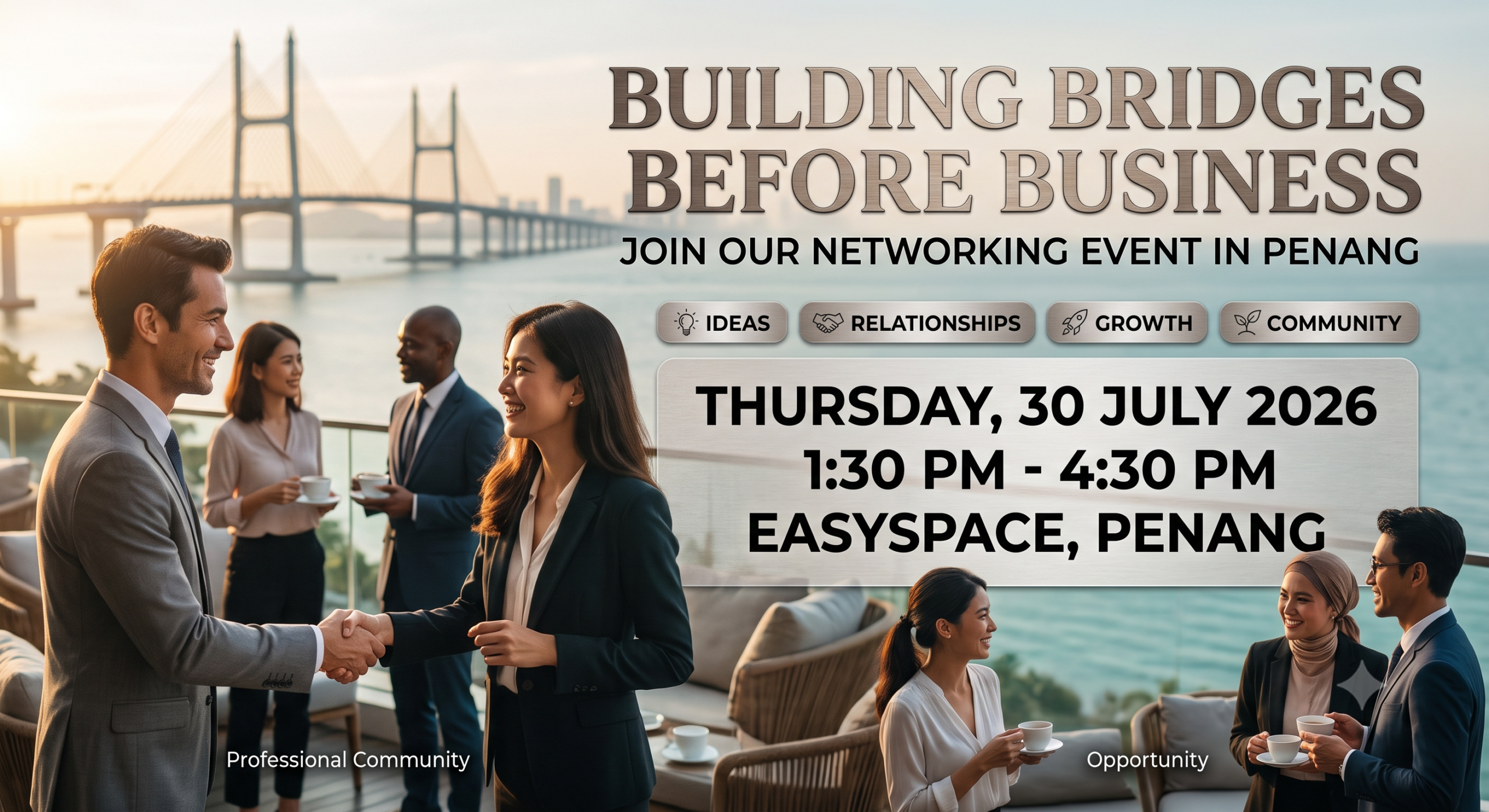 Professionals talking and exchanging ideas at a business networking event in Penang.