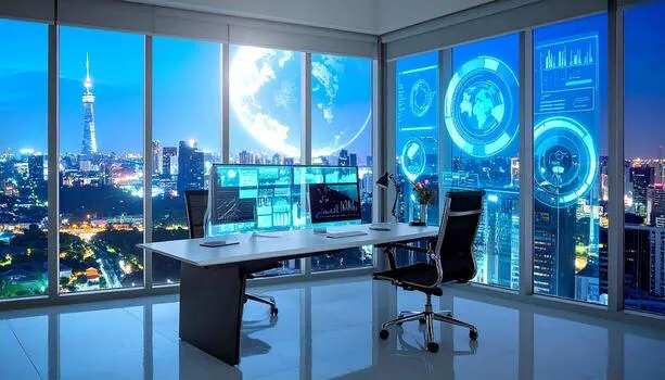 A sleek private office desk setup showing all-in-one employee collaboration software on a workstation monitor.